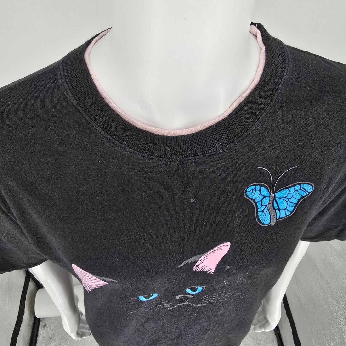 Vintage 1990s Chere Cat & Butterfly Double Collar Double Sleeve T-Shirt (L/XL)