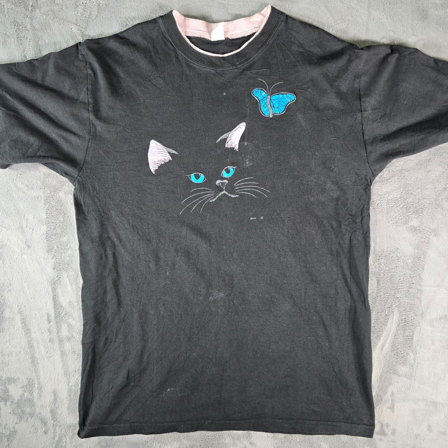 Vintage 1990s Chere Cat & Butterfly Double Collar Double Sleeve T-Shirt (L/XL)