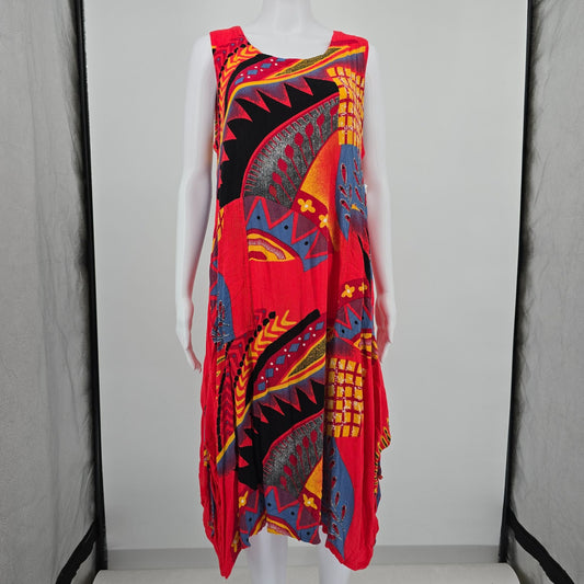 Vintage 1990s Mirror Image Crinkle Rayon Abstract Print Pocket Sundress (L)