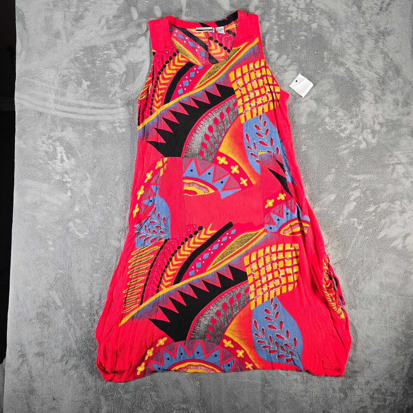 Vintage 1990s Mirror Image Crinkle Rayon Abstract Print Pocket Sundress (L)