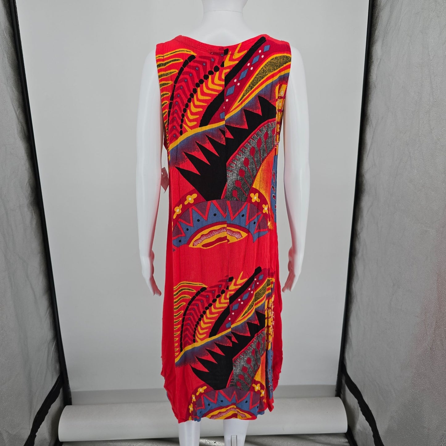 Vintage 1990s Mirror Image Crinkle Rayon Abstract Print Pocket Sundress (L)