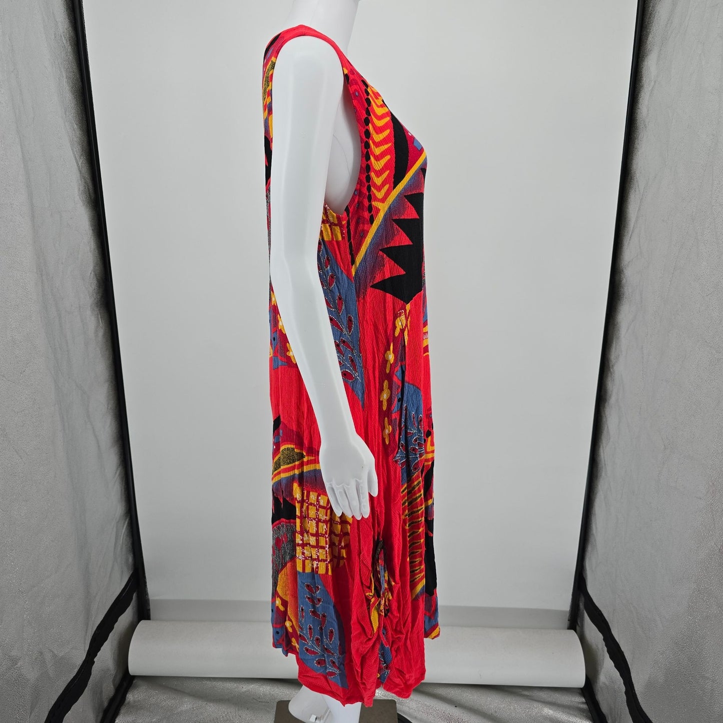 Vintage 1990s Mirror Image Crinkle Rayon Abstract Print Pocket Sundress (L)