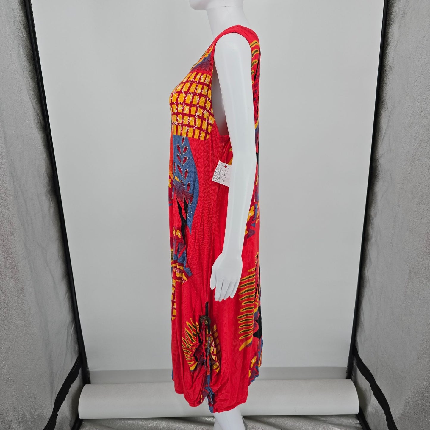 Vintage 1990s Mirror Image Crinkle Rayon Abstract Print Pocket Sundress (L)