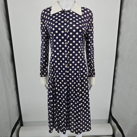 Vintage 1970s Purple Polka Princess Seam Fit-and-Flare Midi Shirt Dress (M)