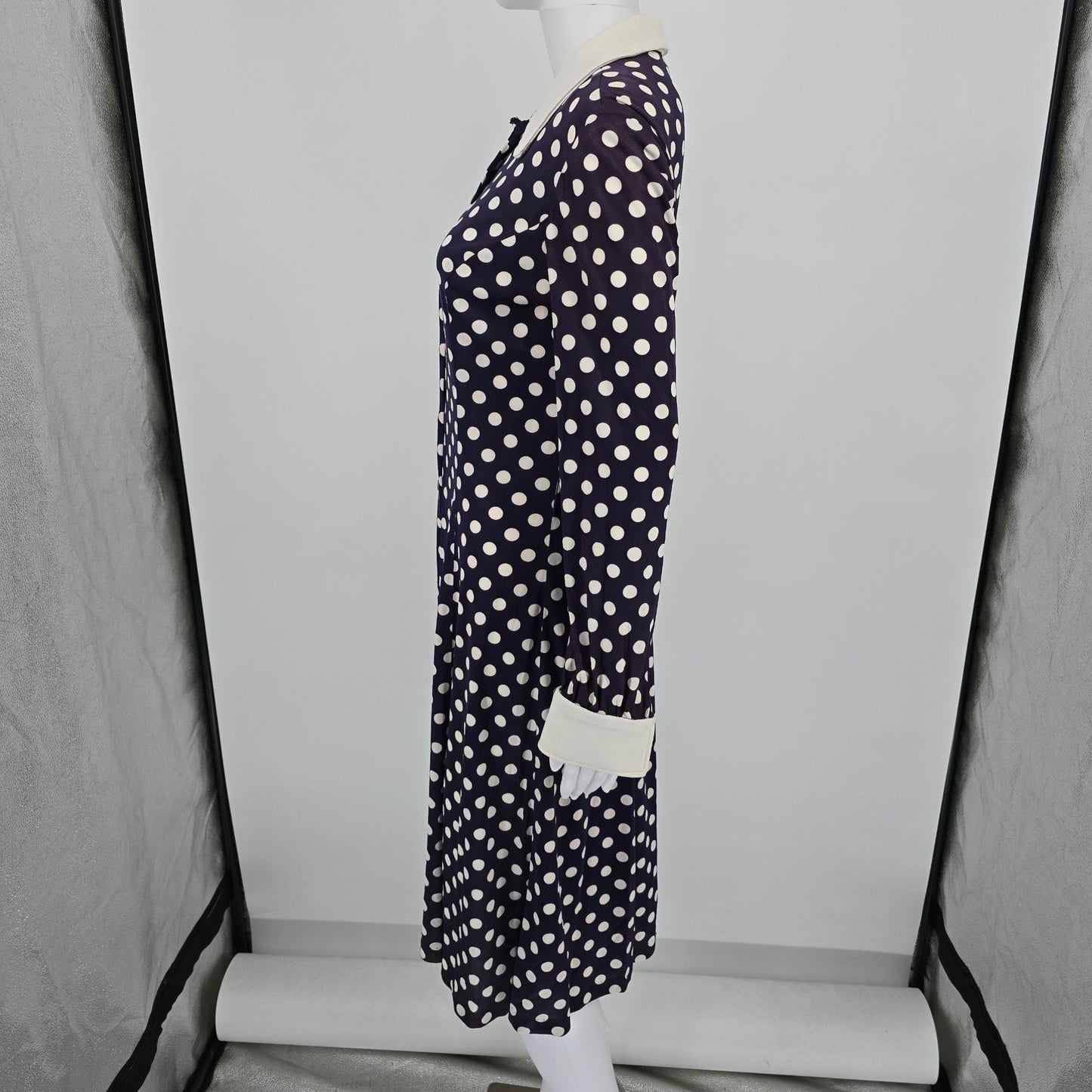 Vintage 1970s Purple Polka Princess Seam Fit-and-Flare Midi Shirt Dress (M)