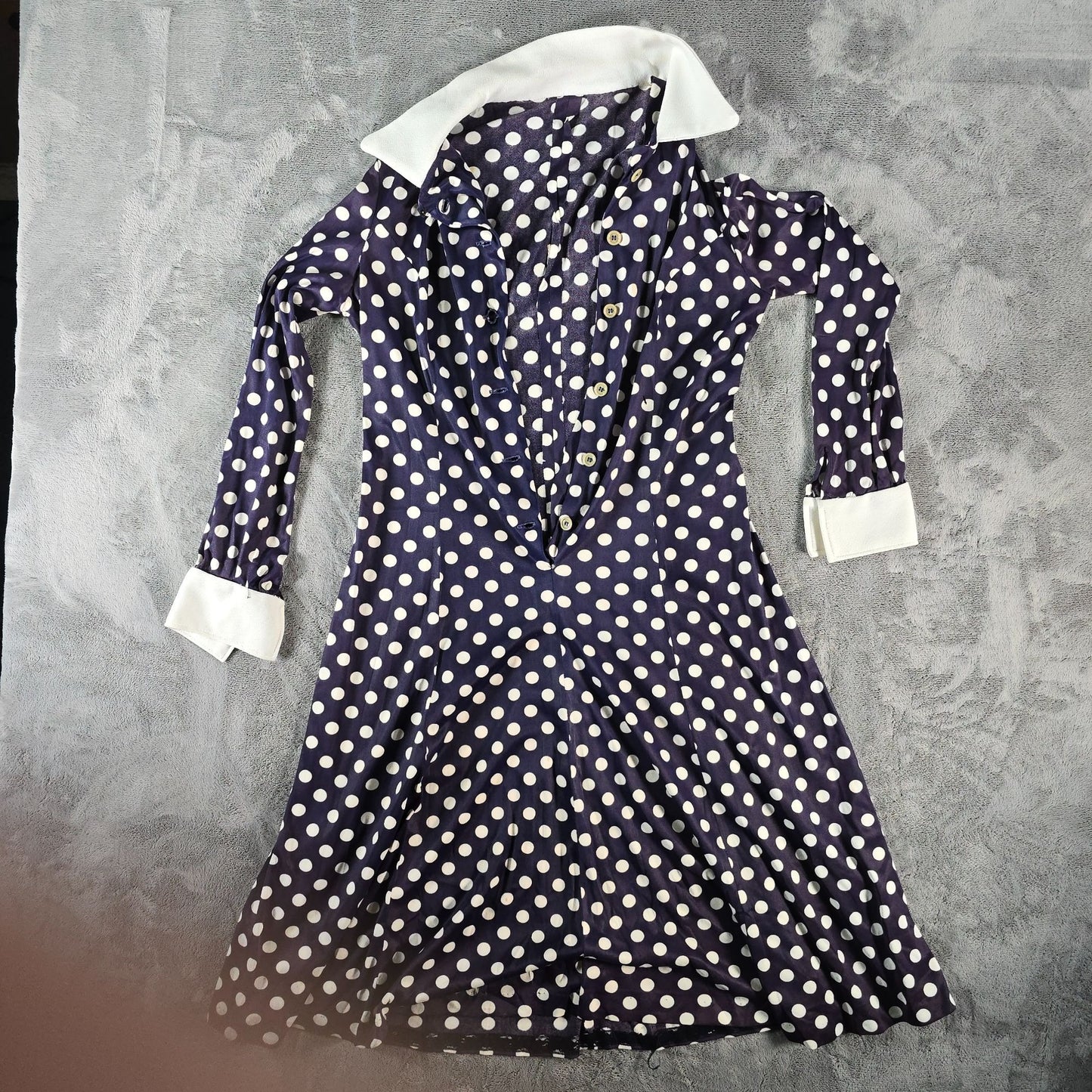 Vintage 1970s Purple Polka Princess Seam Fit-and-Flare Midi Shirt Dress (M)