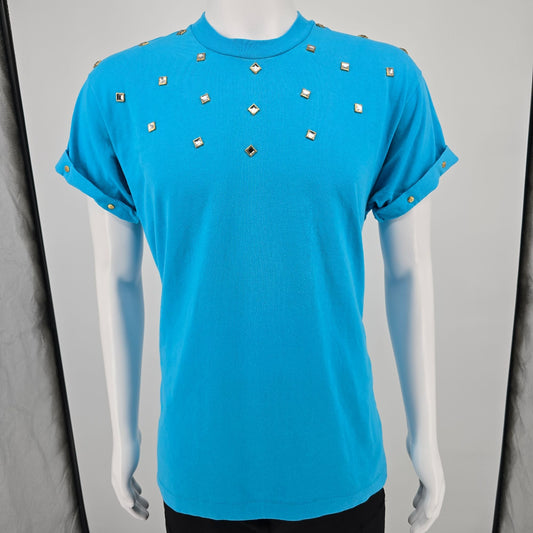 Vintage 1990s Screen Stars Best Turquoise Studded Rhinestone T-Shirt (L)