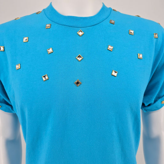 Vintage 1990s Screen Stars Best Turquoise Studded Rhinestone T-Shirt (L)