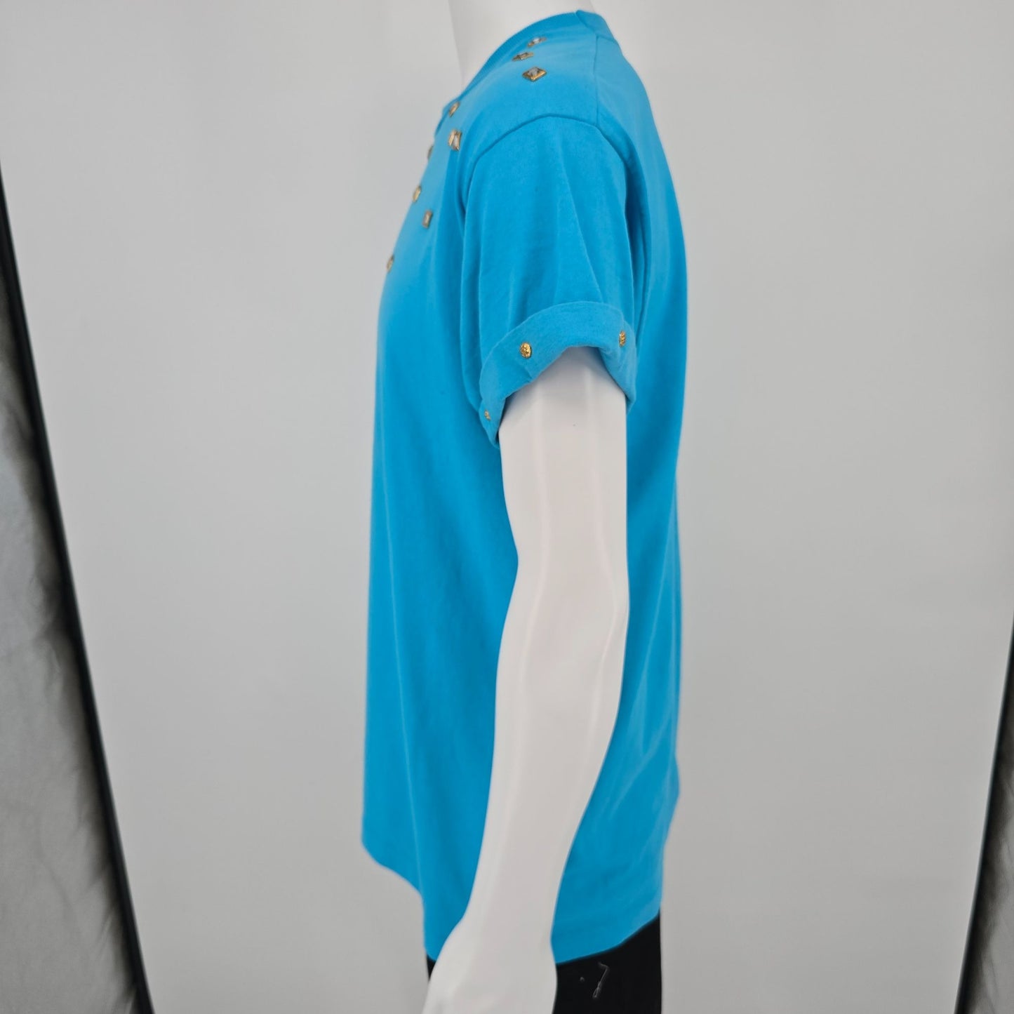 Vintage 1990s Screen Stars Best Turquoise Studded Rhinestone T-Shirt (L)