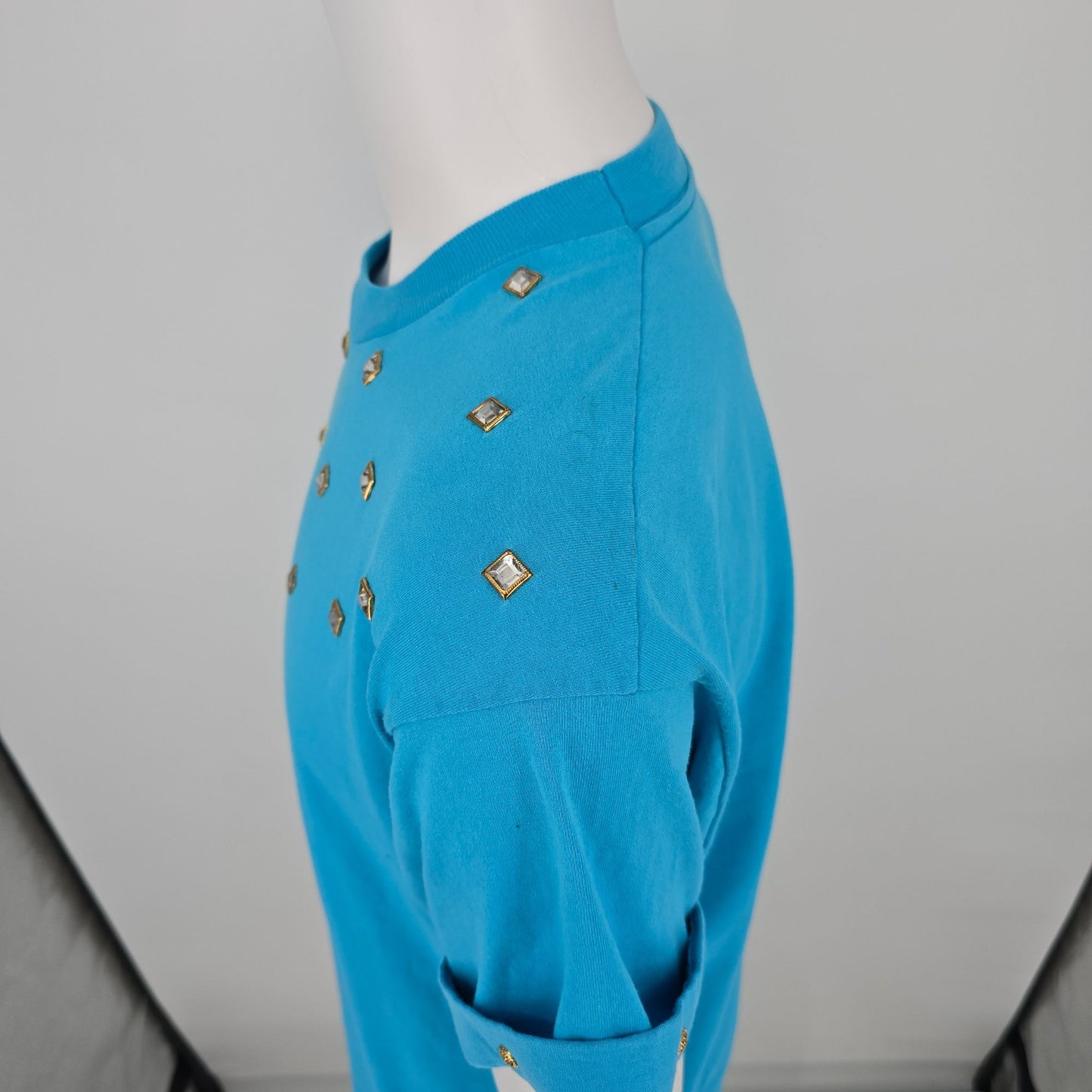 Vintage 1990s Screen Stars Best Turquoise Studded Rhinestone T-Shirt (L)