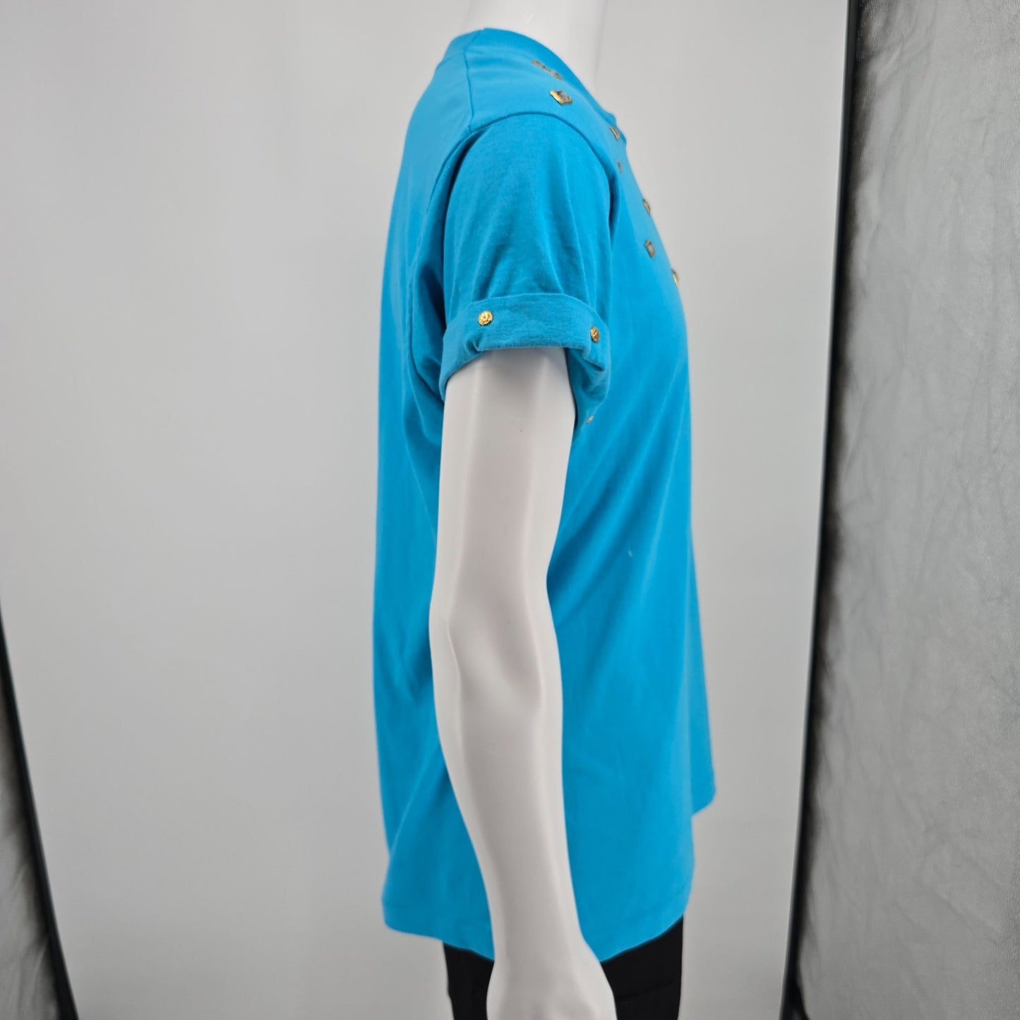 Vintage 1990s Screen Stars Best Turquoise Studded Rhinestone T-Shirt (L)