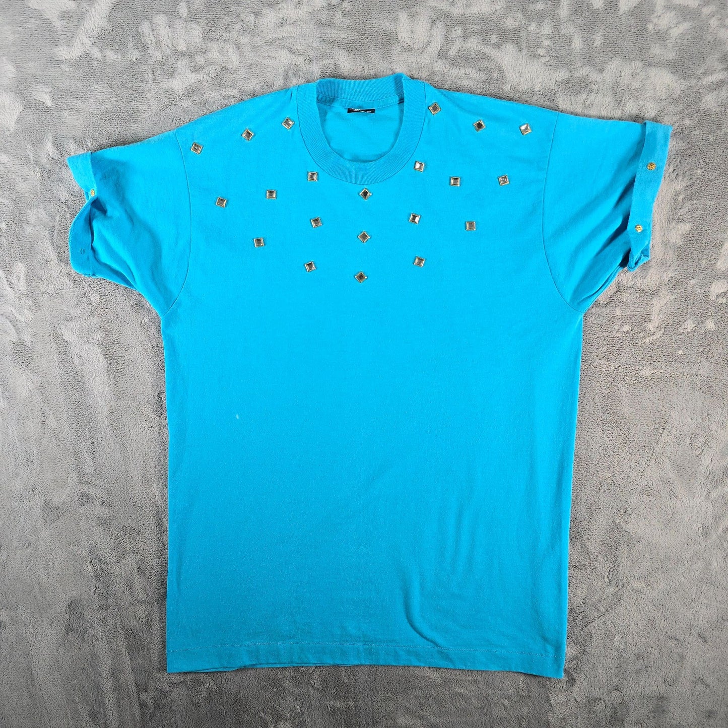 Vintage 1990s Screen Stars Best Turquoise Studded Rhinestone T-Shirt (L)