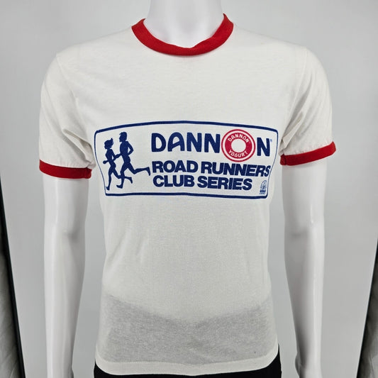 Vintage 1980s Dannon Road Runners Club Hartford 6.4 Miles Ringer T-Shirt (S)