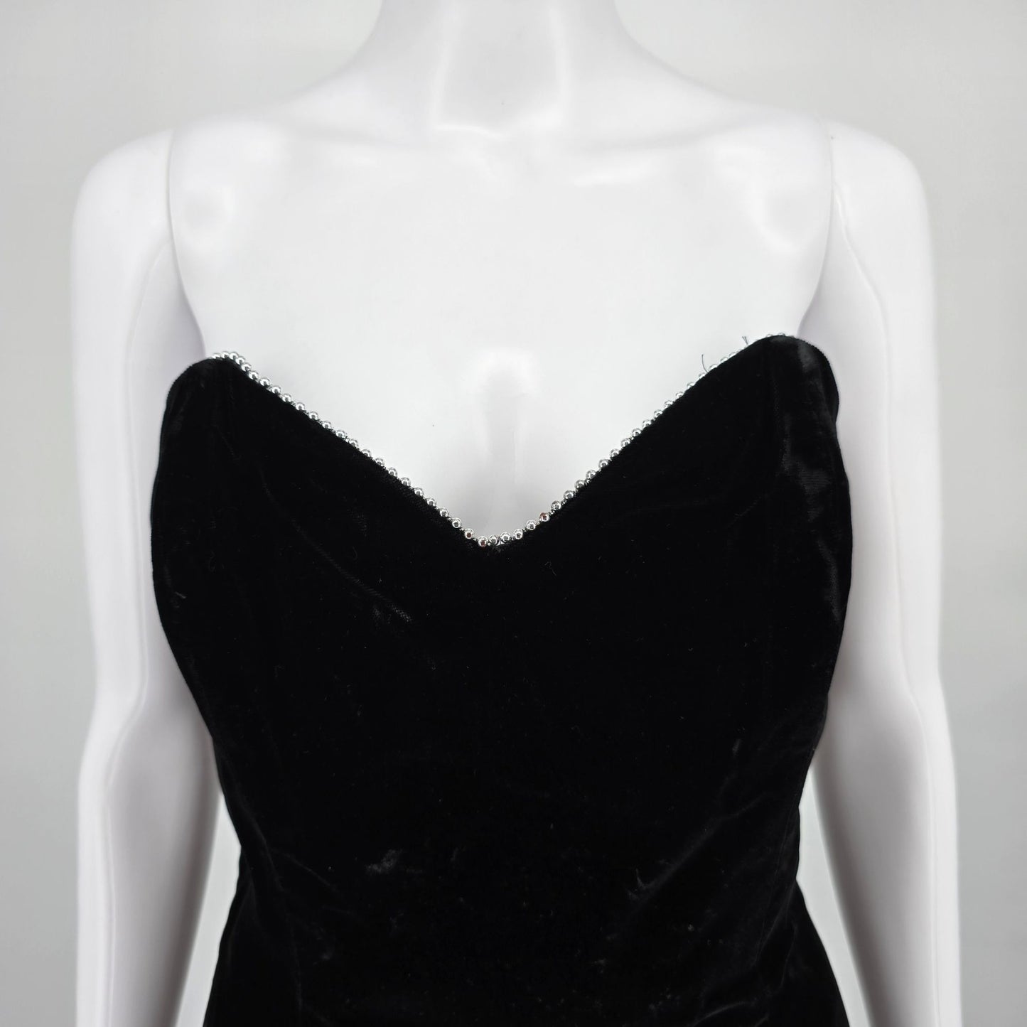 Vintage 1980s Betsty & Adam Black Velvet Rayon Strapless Beaded Mini Dress (S)