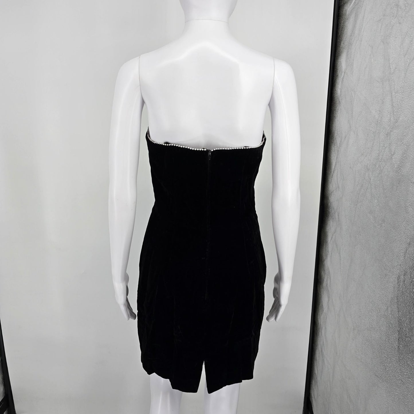 Vintage 1980s Betsty & Adam Black Velvet Rayon Strapless Beaded Mini Dress (S)