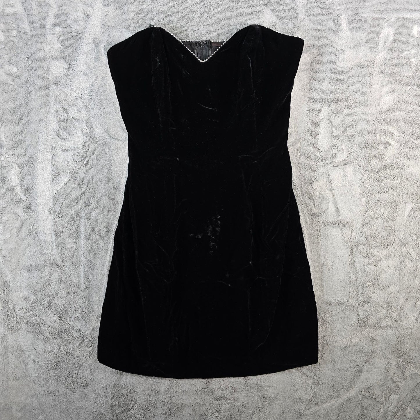 Vintage 1980s Betsty & Adam Black Velvet Rayon Strapless Beaded Mini Dress (S)