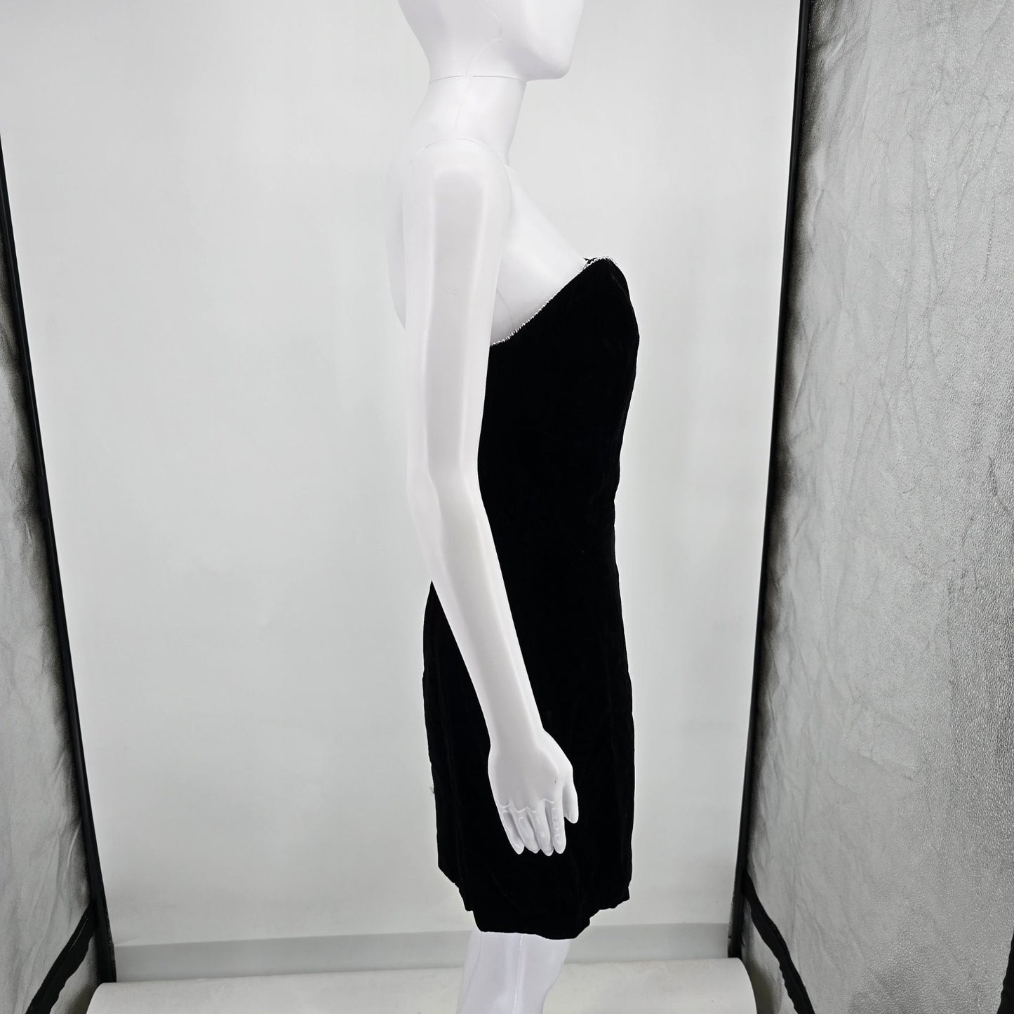 Vintage 1980s Betsty & Adam Black Velvet Rayon Strapless Beaded Mini Dress (S)