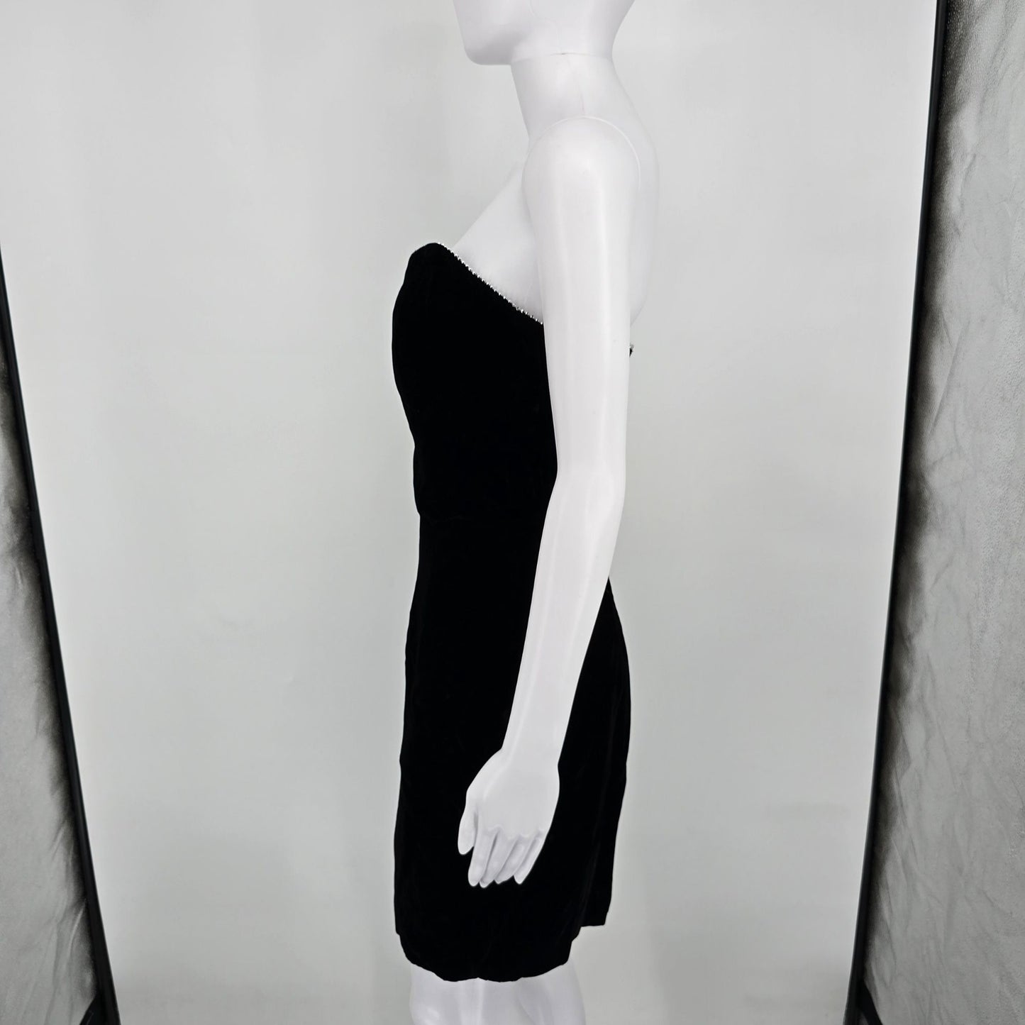 Vintage 1980s Betsty & Adam Black Velvet Rayon Strapless Beaded Mini Dress (S)