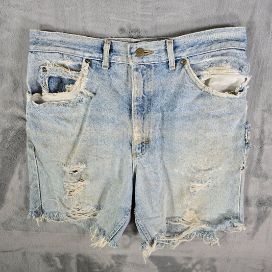 Vintage 1980s Mens Lee Riders Thrashed DIY Cut Off Denim Shorts (Size 31)