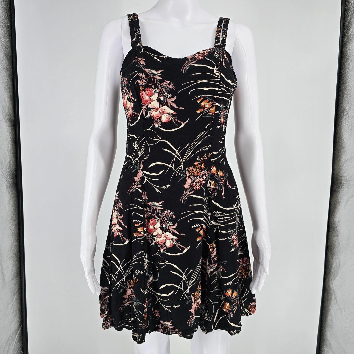 Vintage 1990s All That Jazz Black Floral Rayon Fit and Flare Mini Dress (S)