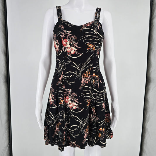 Vintage 1990s All That Jazz Black Floral Rayon Fit and Flare Mini Dress (S)