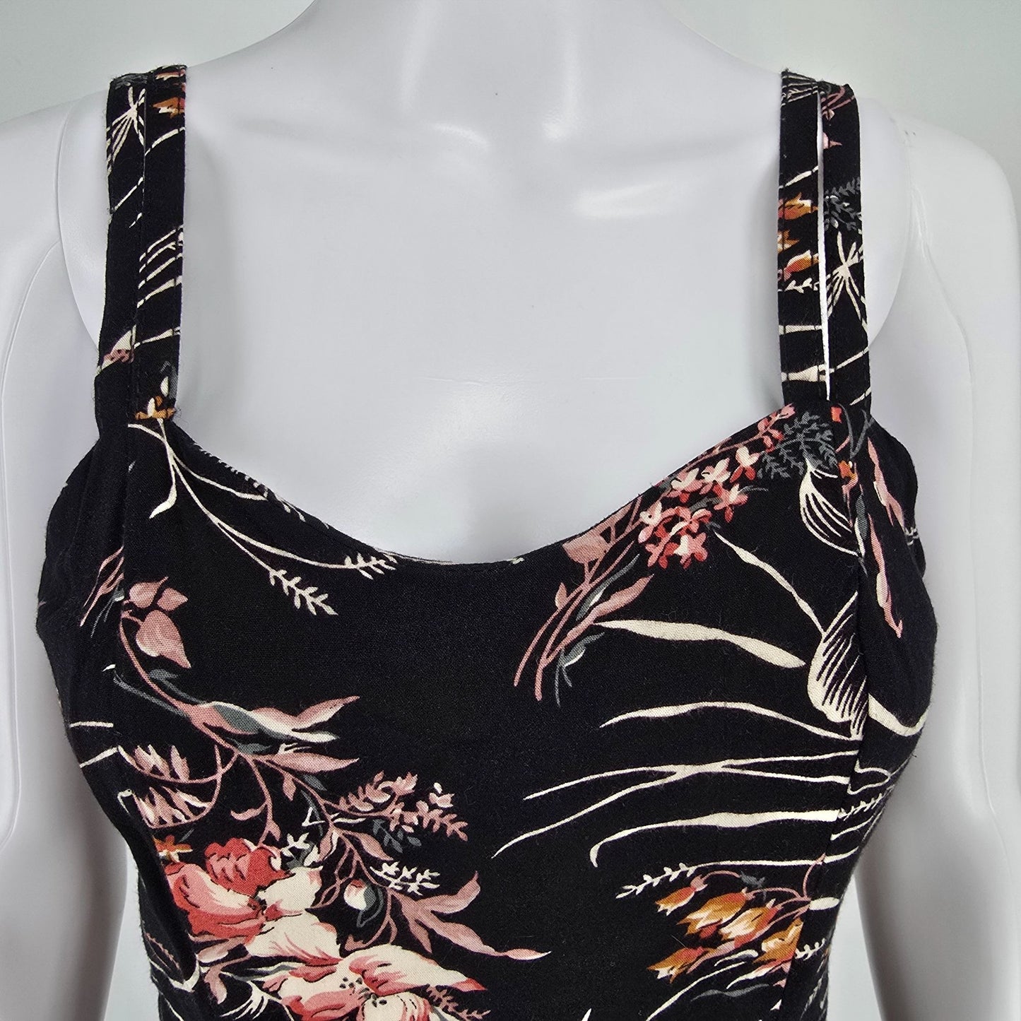 Vintage 1990s All That Jazz Black Floral Rayon Fit and Flare Mini Dress (S)