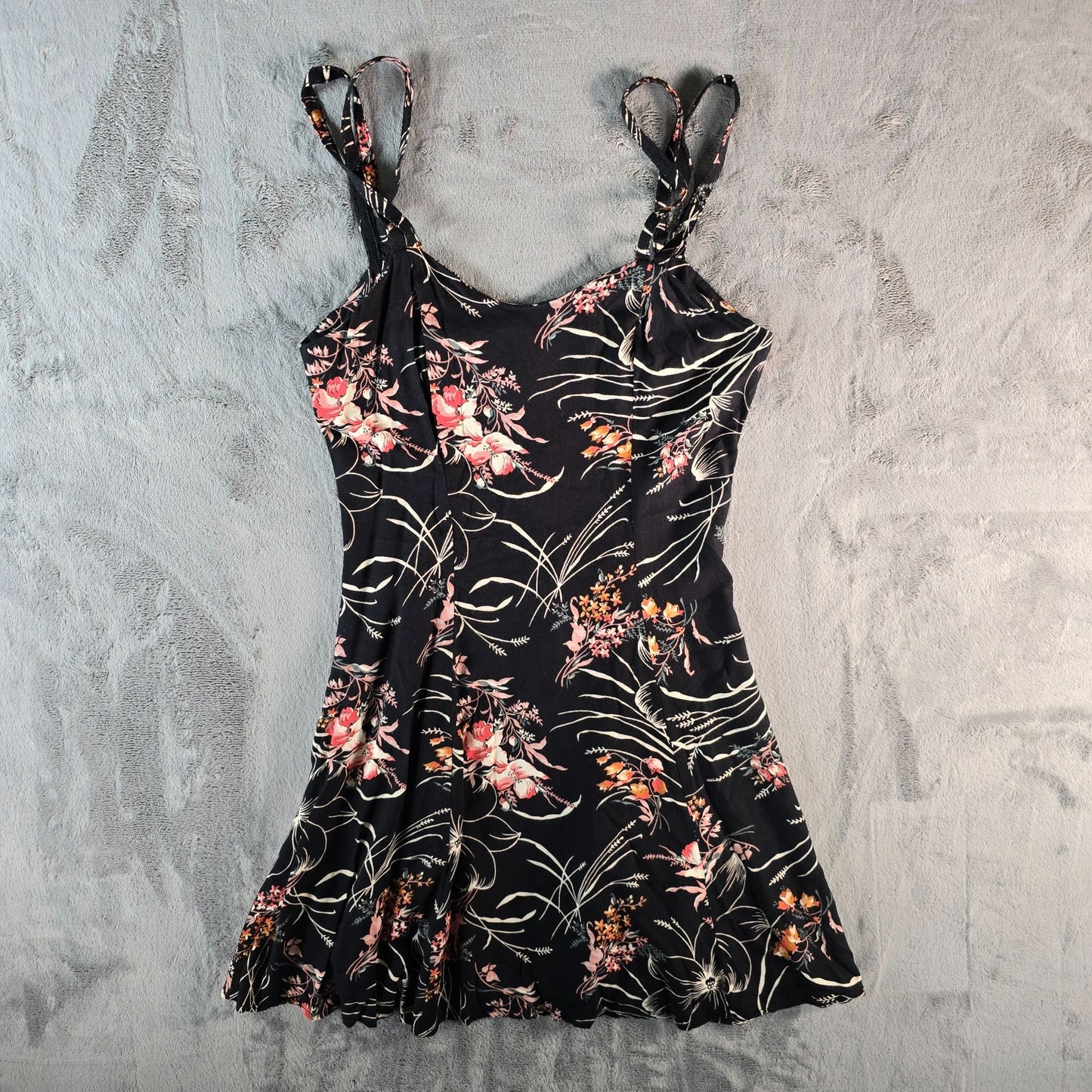 Vintage 1990s All That Jazz Black Floral Rayon Fit and Flare Mini Dress (S)