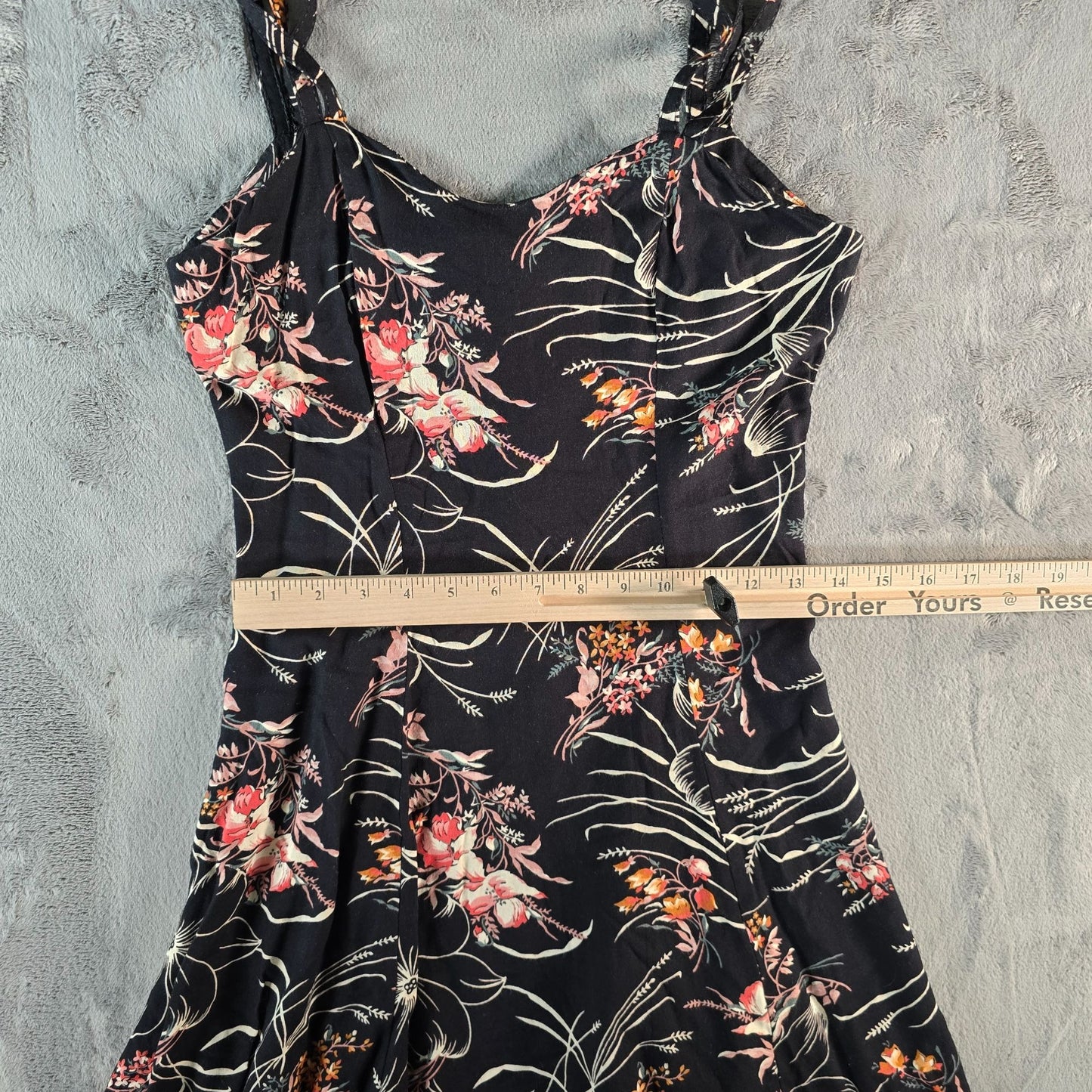 Vintage 1990s All That Jazz Black Floral Rayon Fit and Flare Mini Dress (S)