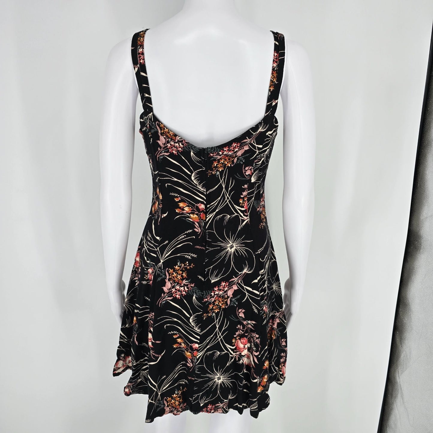 Vintage 1990s All That Jazz Black Floral Rayon Fit and Flare Mini Dress (S)