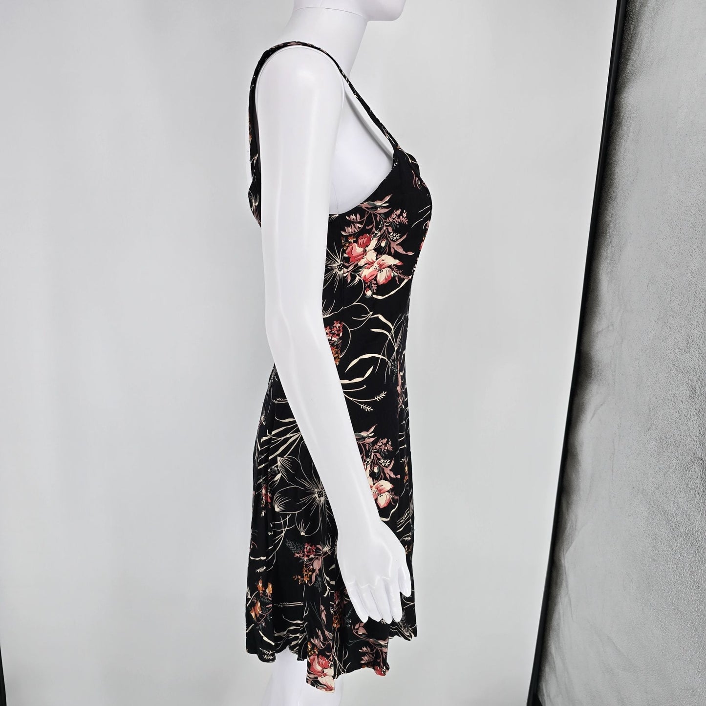 Vintage 1990s All That Jazz Black Floral Rayon Fit and Flare Mini Dress (S)