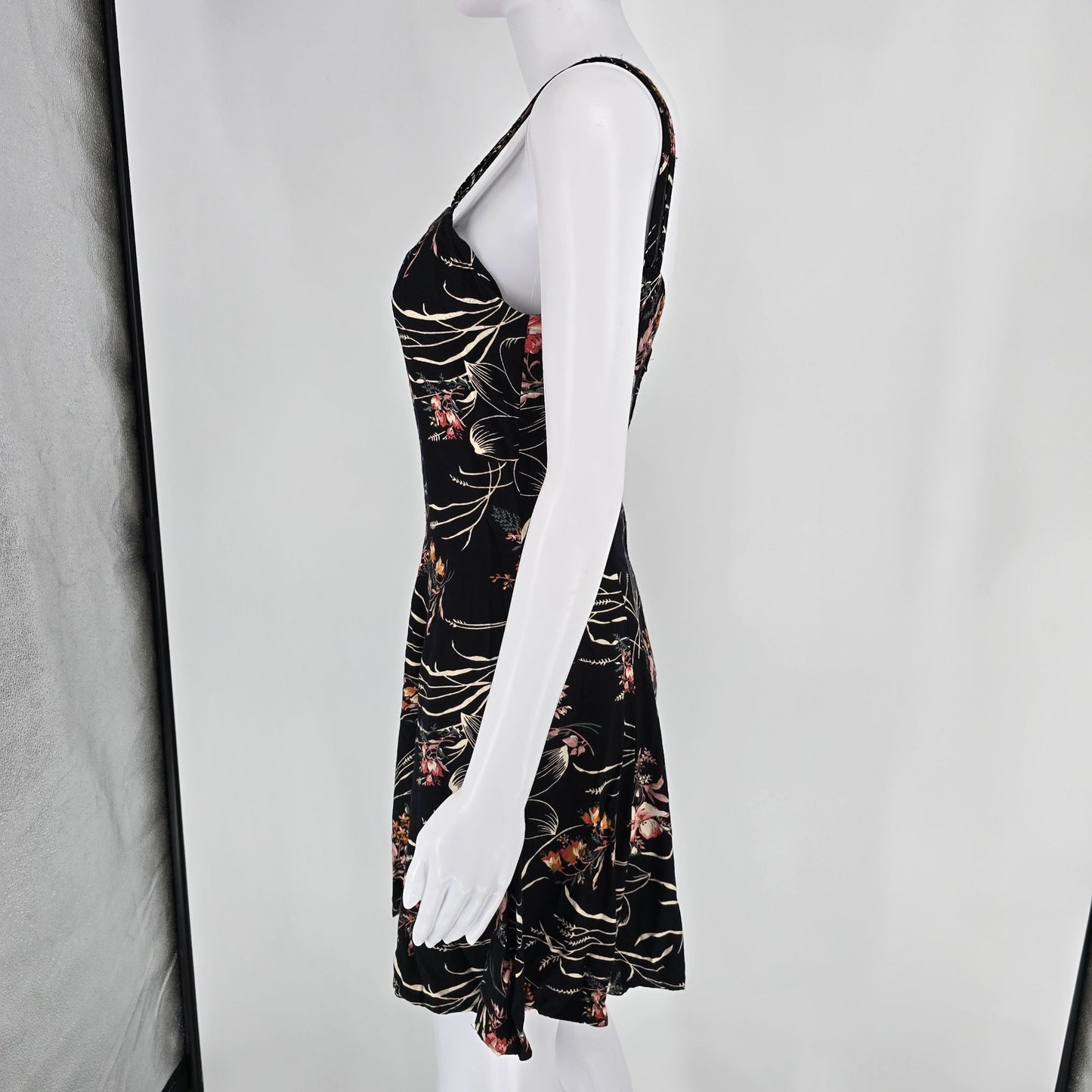 Vintage 1990s All That Jazz Black Floral Rayon Fit and Flare Mini Dress (S)