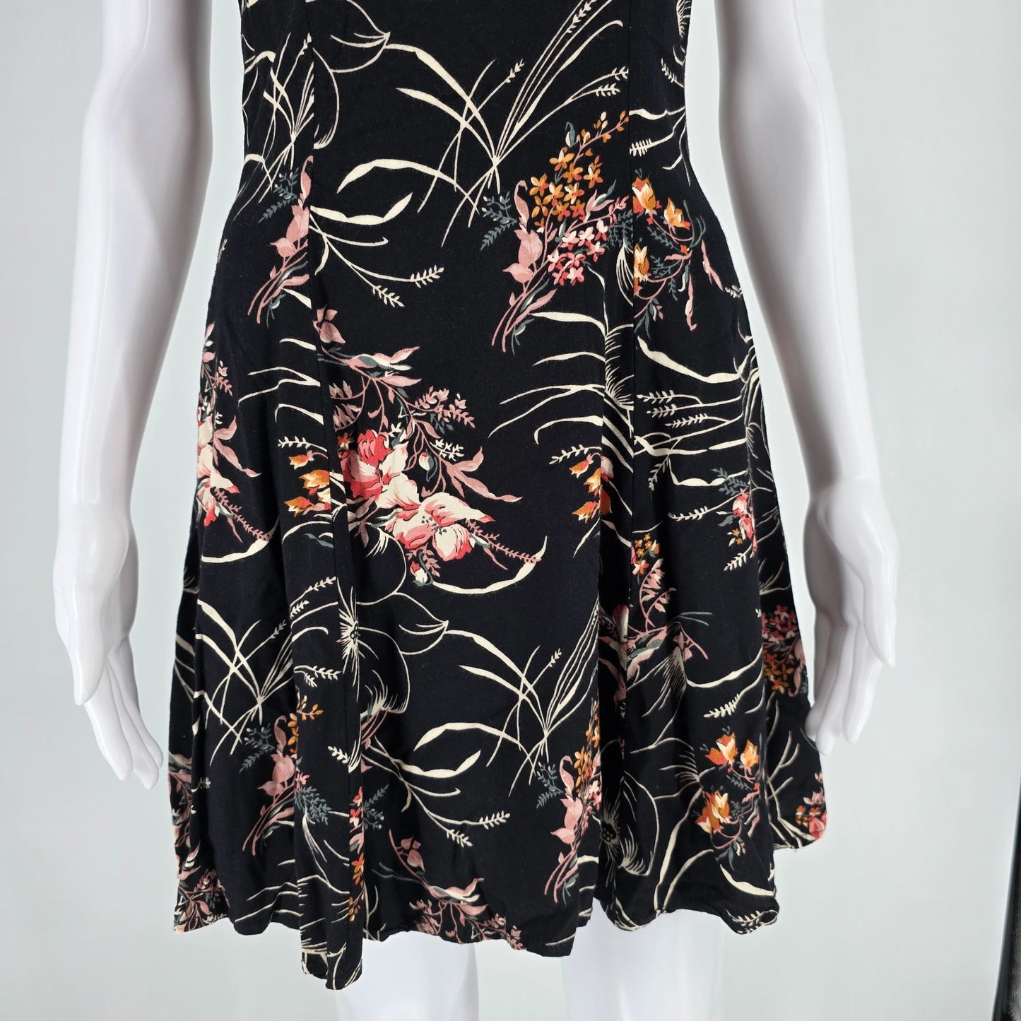 Vintage 1990s All That Jazz Black Floral Rayon Fit and Flare Mini Dress (S)