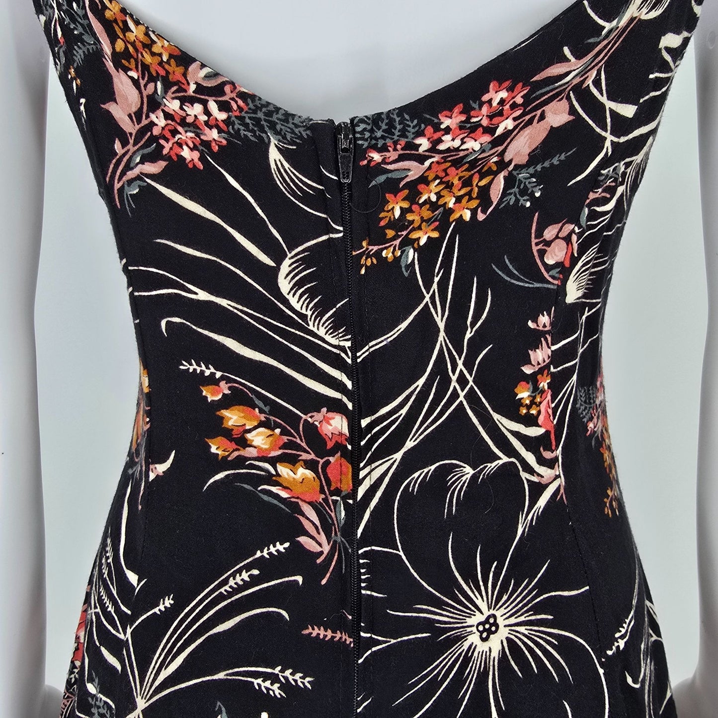 Vintage 1990s All That Jazz Black Floral Rayon Fit and Flare Mini Dress (S)