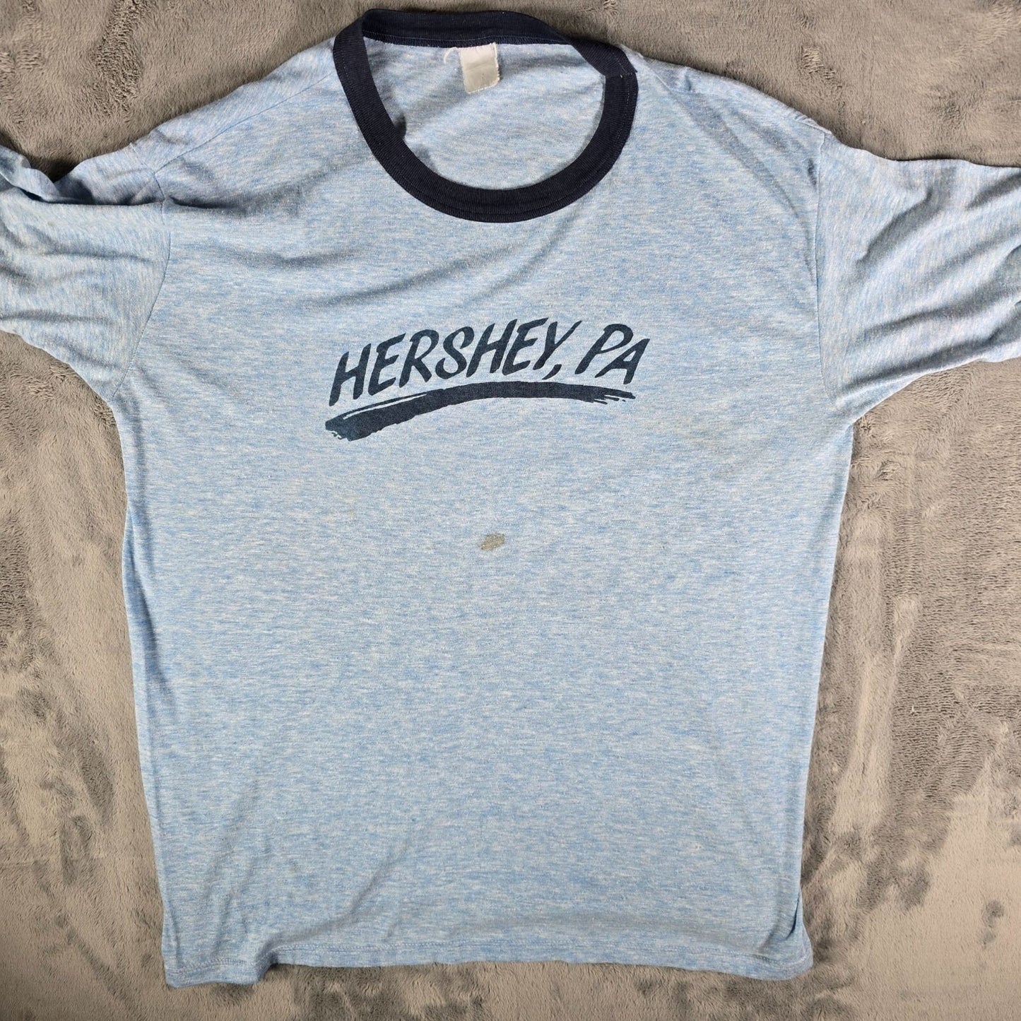Vintage Late 1970s Early 1980s Hershey, PA Blue Heathered Ringer T-Shirt (L)