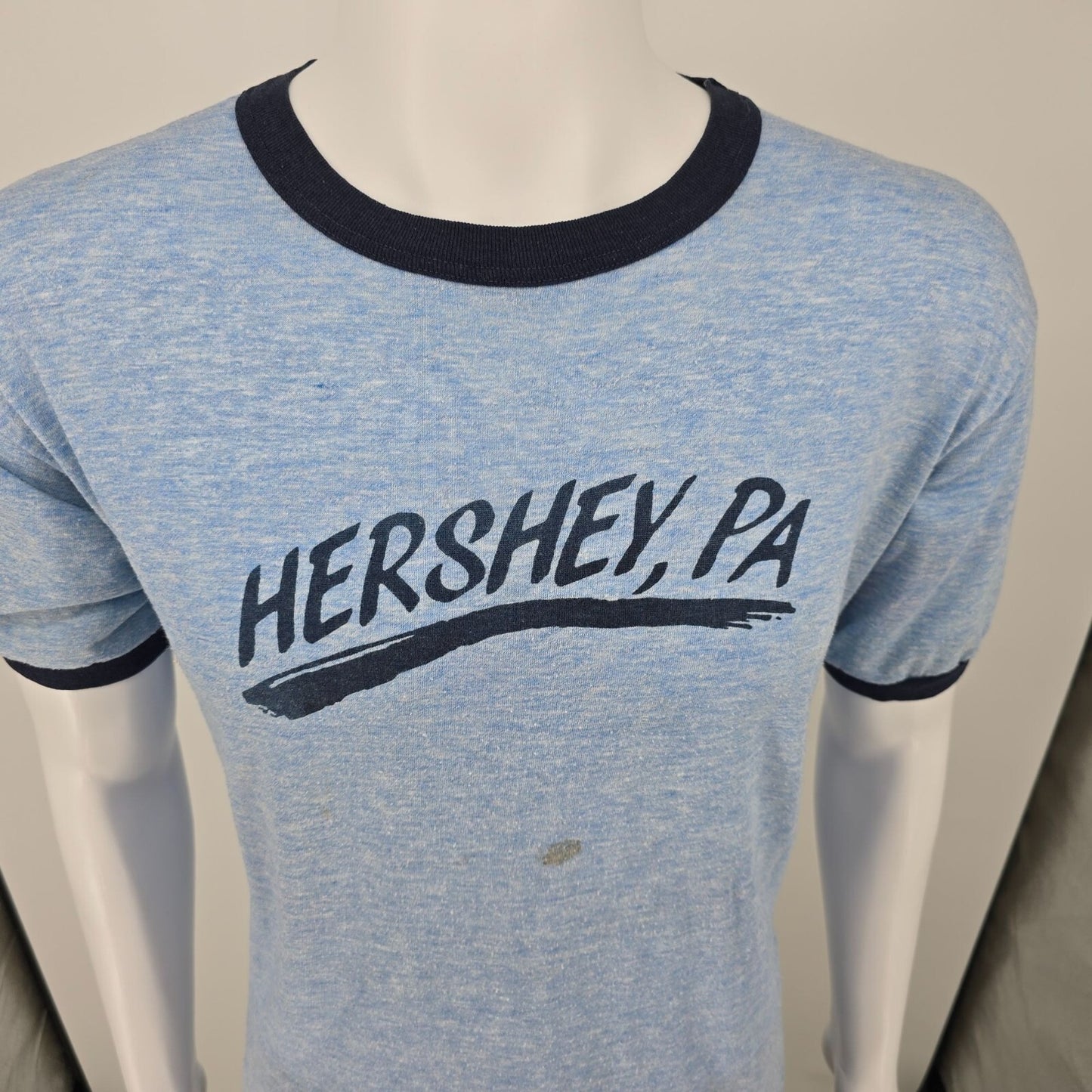 Vintage Late 1970s Early 1980s Hershey, PA Blue Heathered Ringer T-Shirt (L)