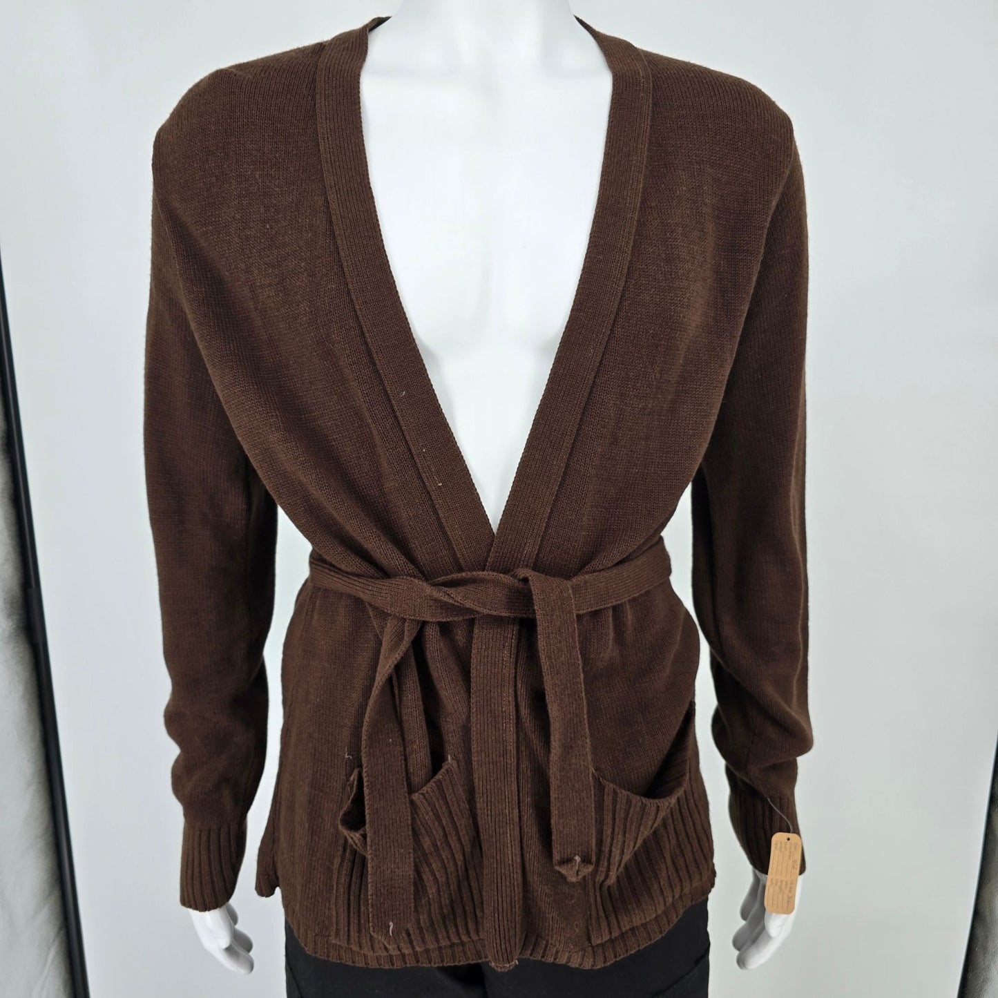 Vintage 1970s Sears Brown Orlon Acrylic Belted Open Front Cardigan Sweater (M)