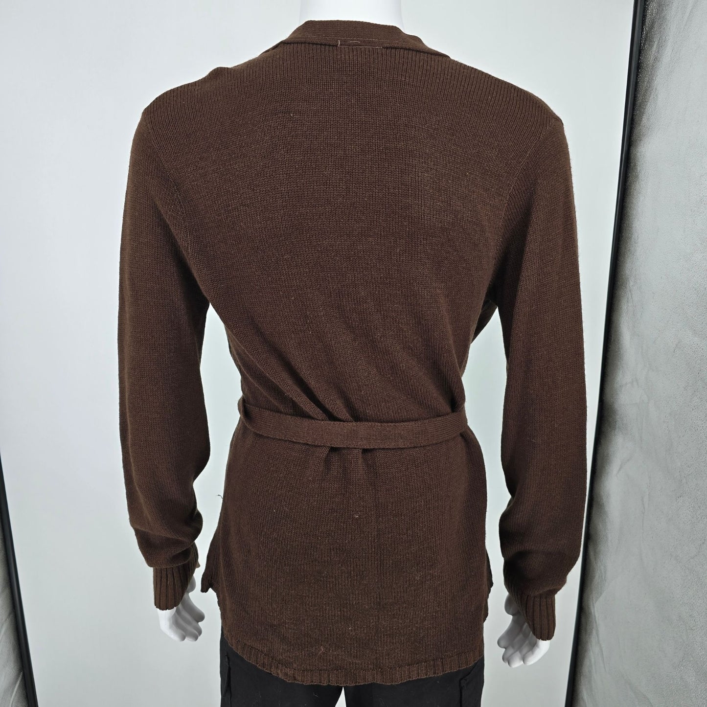 Vintage 1970s Sears Brown Orlon Acrylic Belted Open Front Cardigan Sweater (M)