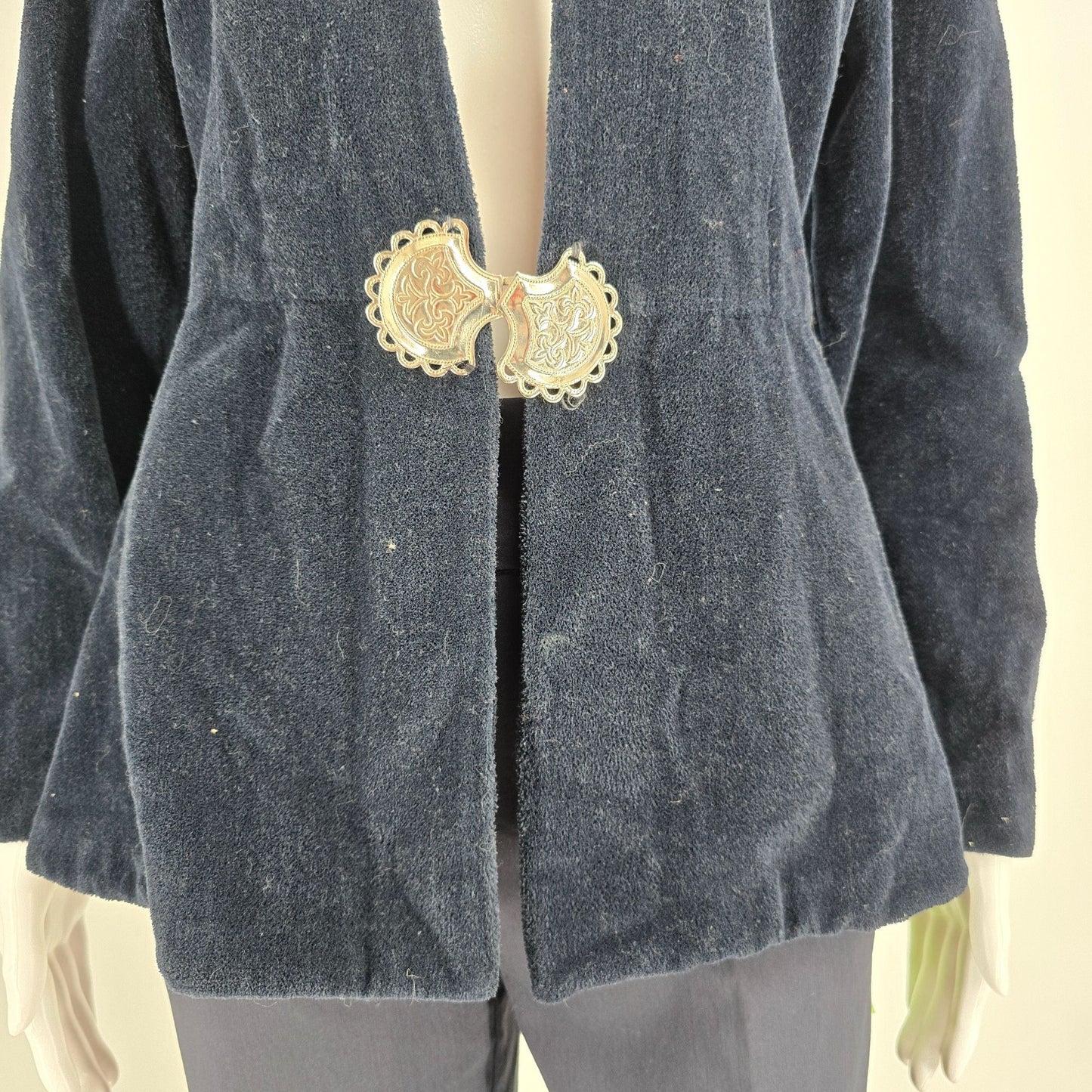 Vintage 1970s Unbranded Navy Velvet Embroidered 40s-Style Peplum Jacket (S)