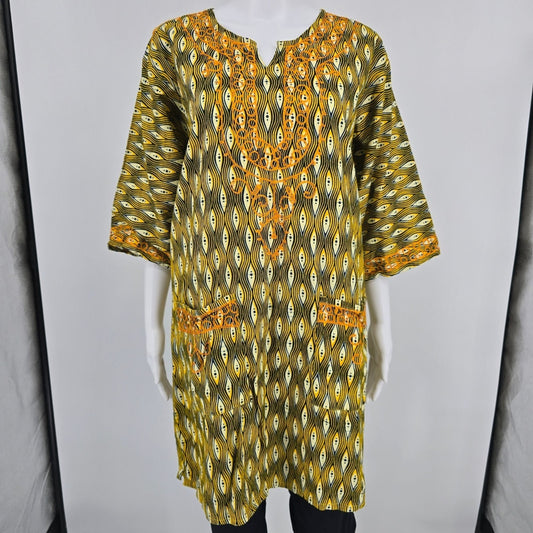 Vintage 1990s Neelam Yellow/Black/White Cotton Dashiki Tunic Dress/Top (OS)