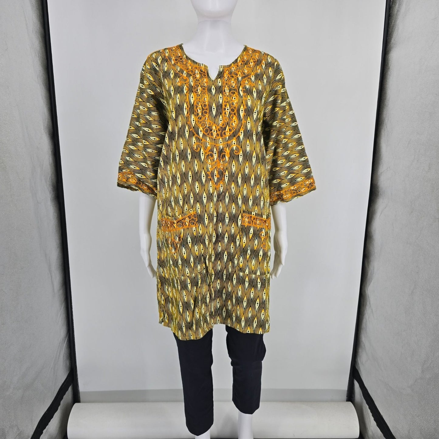 Vintage 1990s Neelam Yellow/Black/White Cotton Dashiki Tunic Dress/Top (OS)