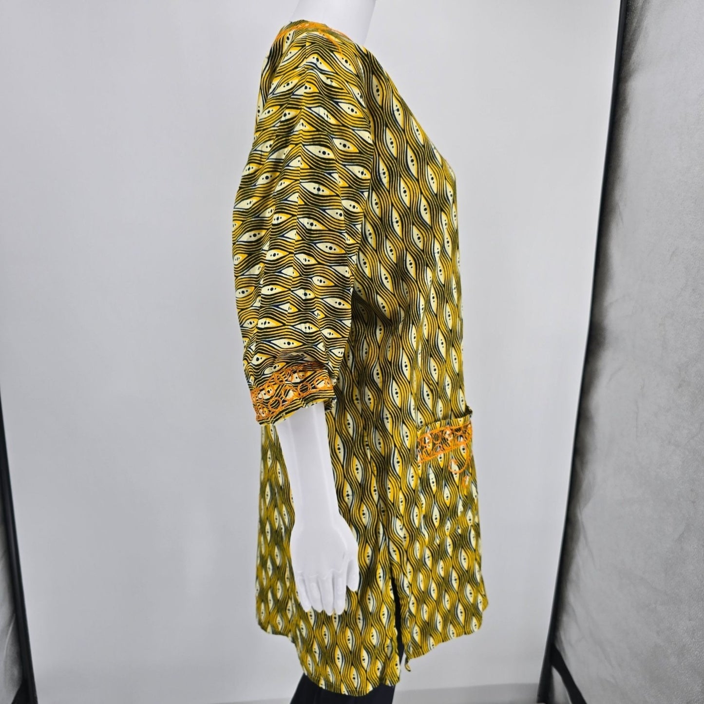 Vintage 1990s Neelam Yellow/Black/White Cotton Dashiki Tunic Dress/Top (OS)