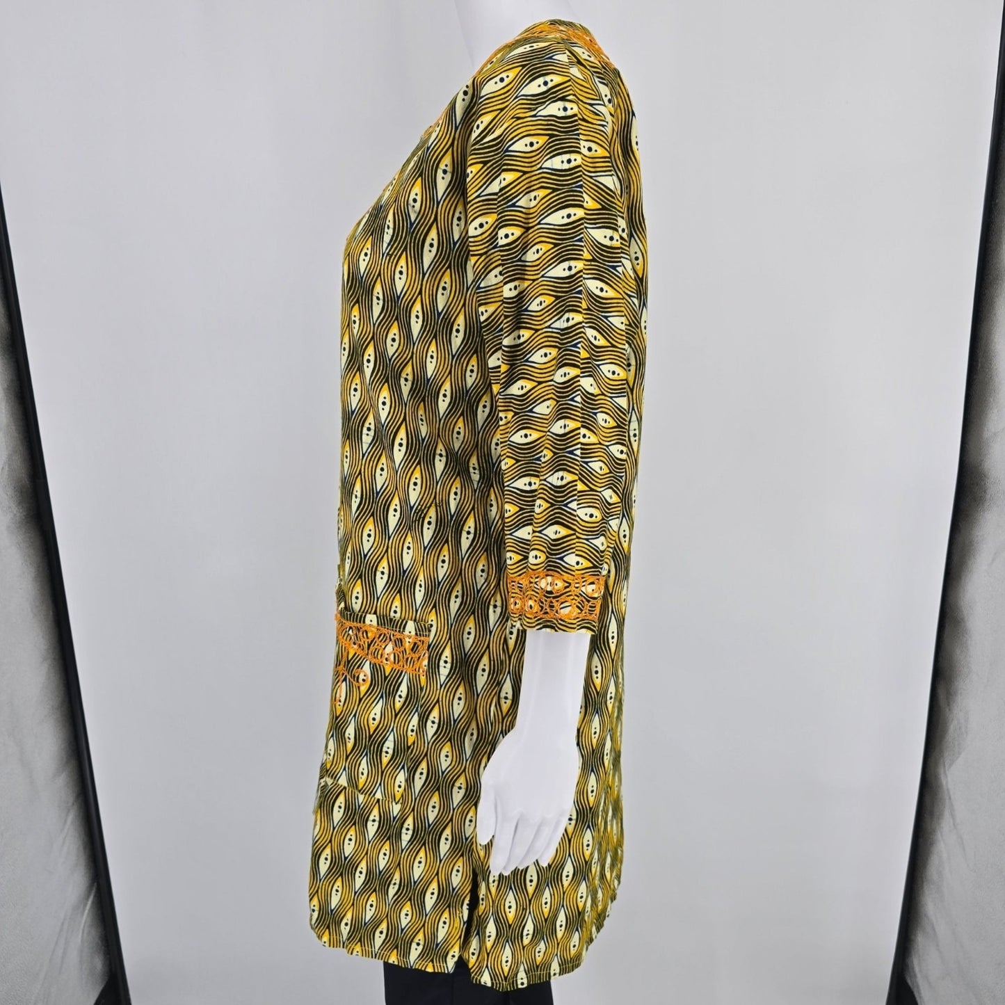 Vintage 1990s Neelam Yellow/Black/White Cotton Dashiki Tunic Dress/Top (OS)