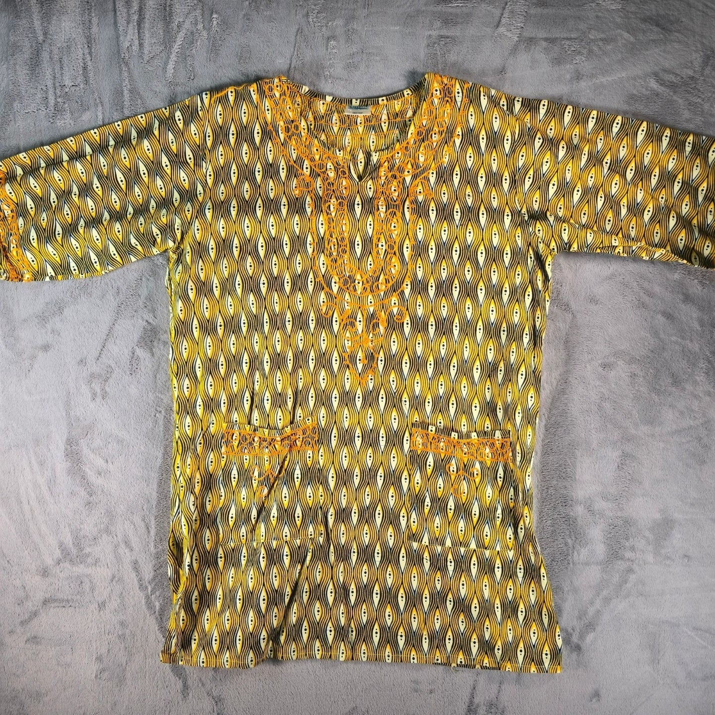 Vintage 1990s Neelam Yellow/Black/White Cotton Dashiki Tunic Dress/Top (OS)