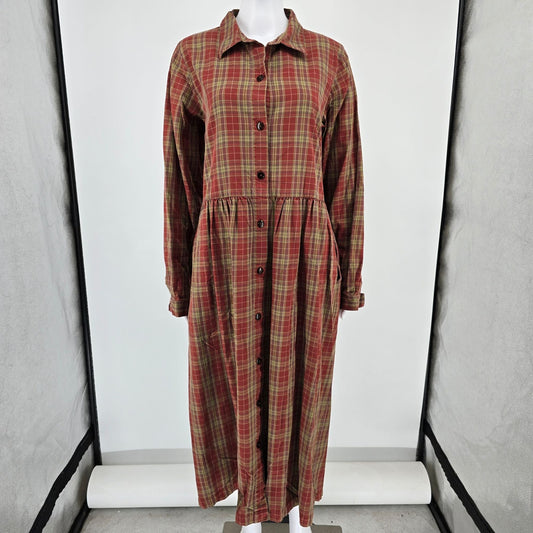 Vintage 1990s Plaid Long-Sleeve Button Front Grunge Shirt Dress (Size 12/L)