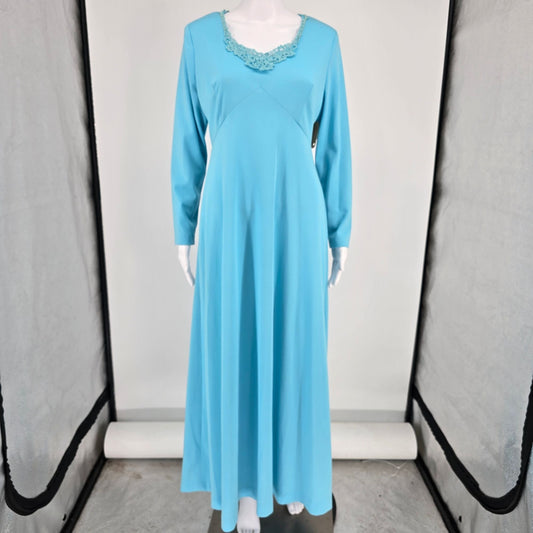 Vintage 1970s Aqua Blue Lace Neckline Long Sleeve Maxi Dress Gown (Size 10/M)