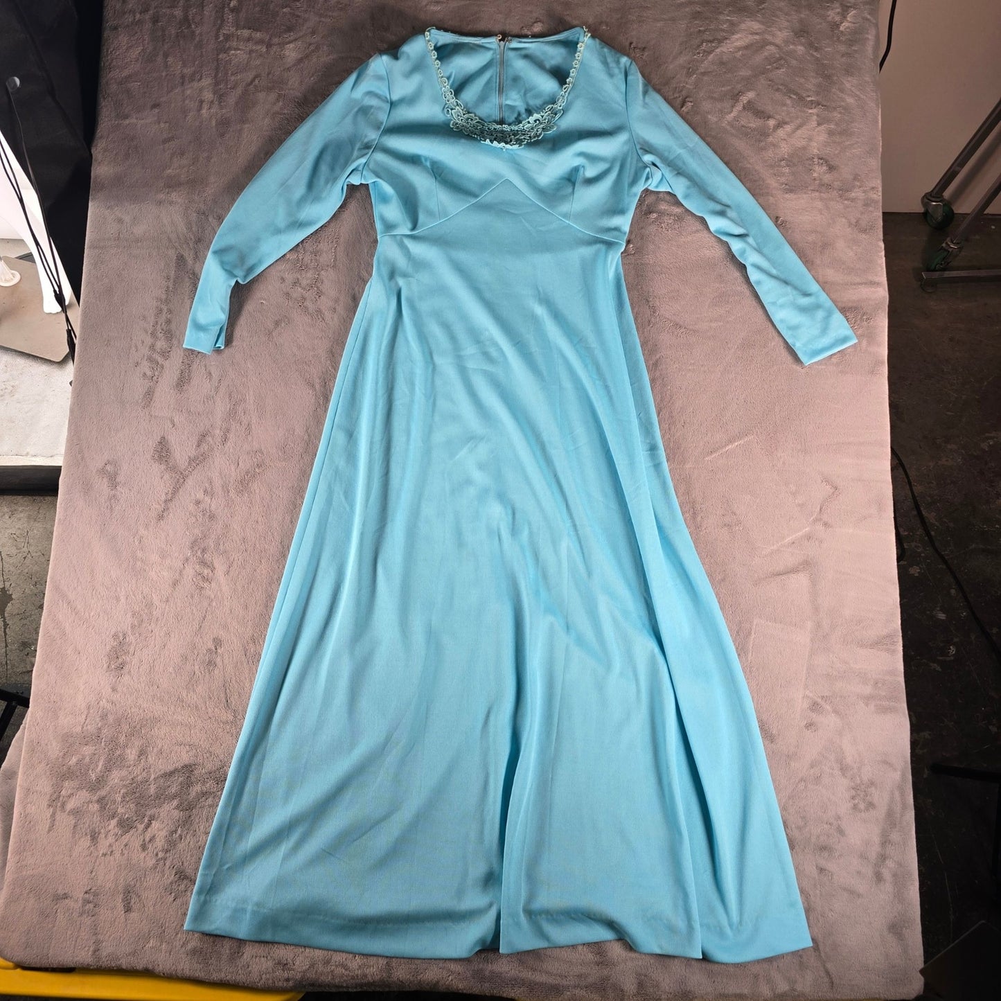 Vintage 1970s Aqua Blue Lace Neckline Long Sleeve Maxi Dress Gown (Size 10/M)