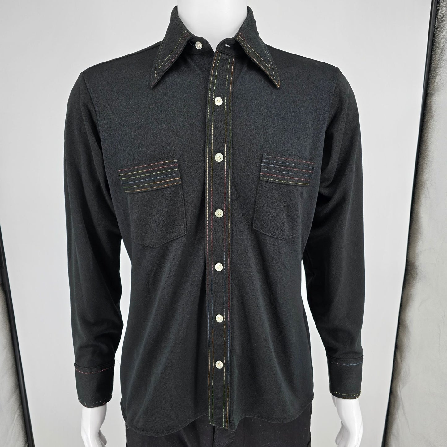 Vintage 1970s Arrow Carlton Crepe Black Rainbow Stitch Polyester Disco Shirt (M)