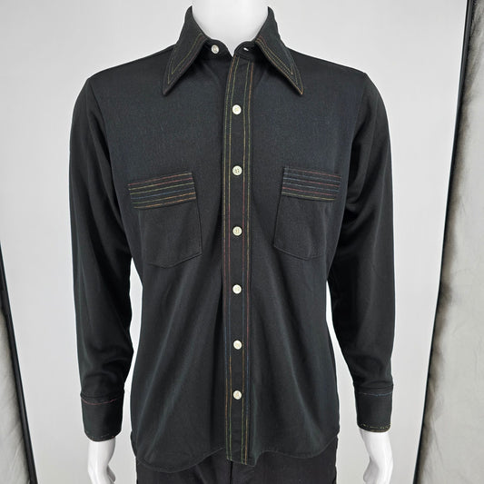 Vintage 1970s Arrow Carlton Crepe Black Rainbow Stitch Polyester Disco Shirt (M)