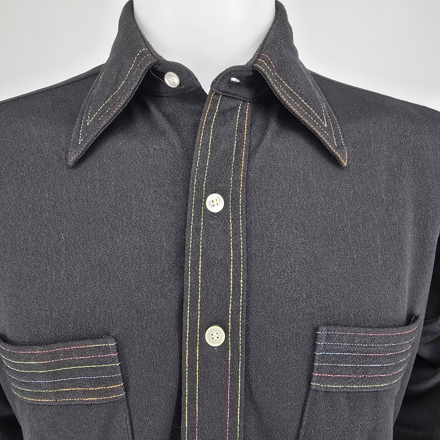 Vintage 1970s Arrow Carlton Crepe Black Rainbow Stitch Polyester Disco Shirt (M)