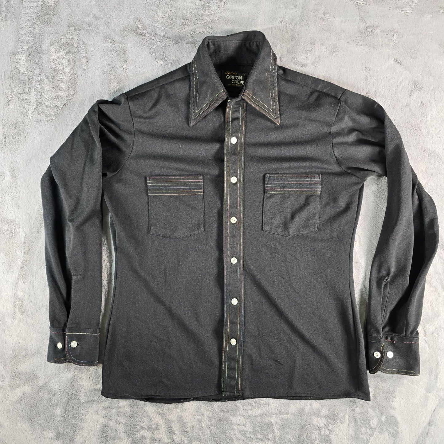 Vintage 1970s Arrow Carlton Crepe Black Rainbow Stitch Polyester Disco Shirt (M)